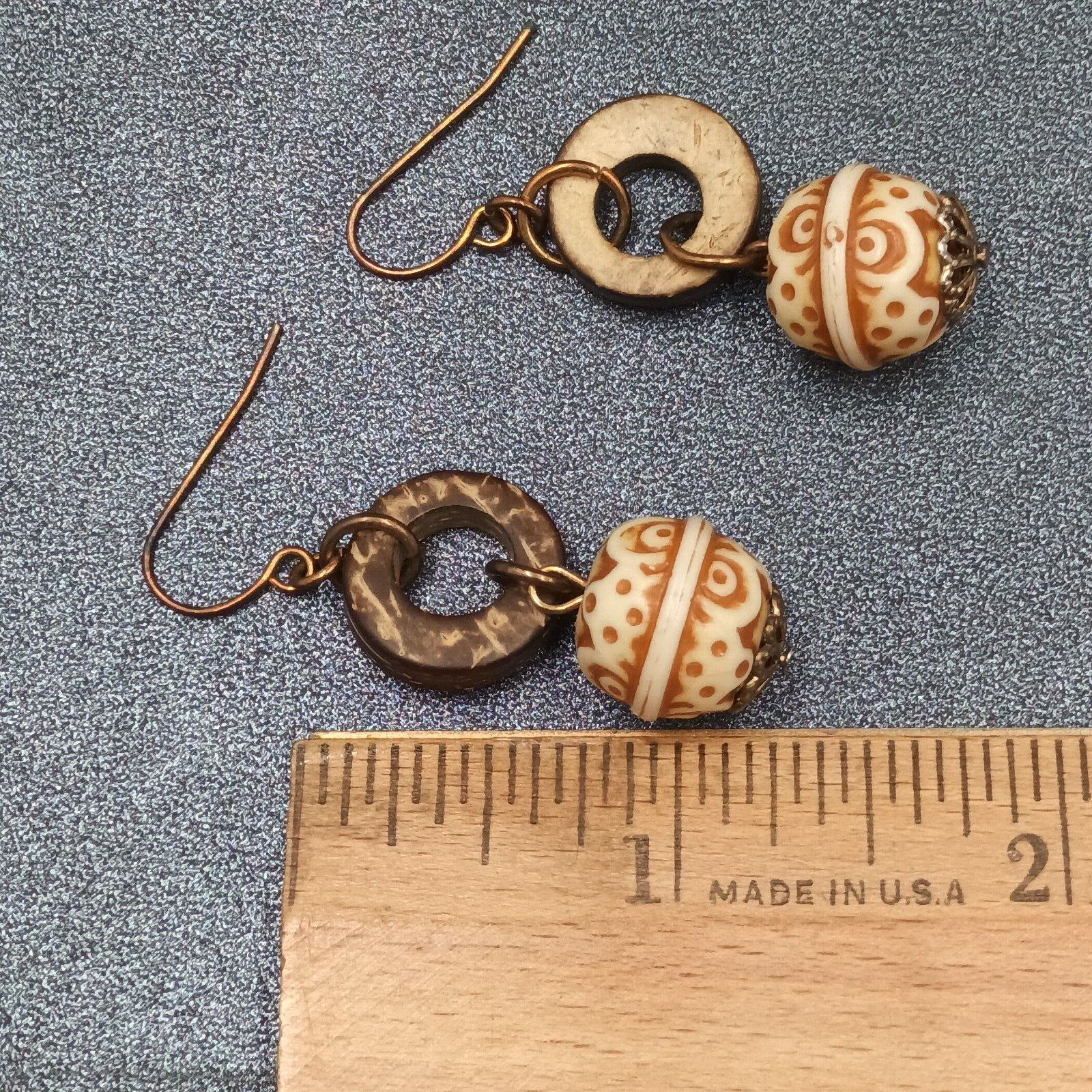 Pierced Earrings Carved Coconut Shell Copper tone Hook Statement Dangle 1 3/8"