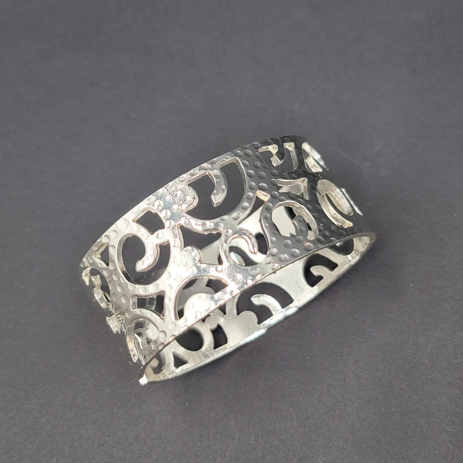 Open Work Hammered Hinged Bracelet Matte Silver Plated 6.75"
