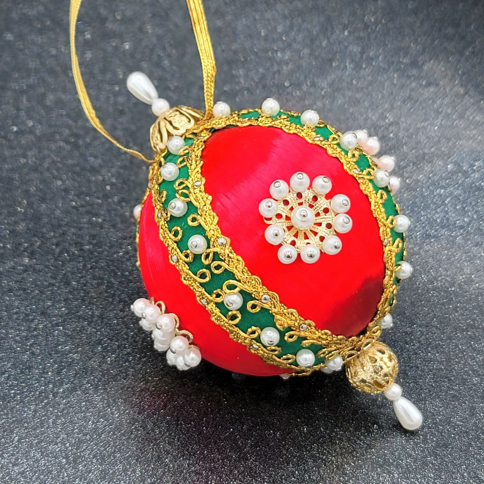 Vintage Red Spun Satin Pearl Push Pin Christmas Ornament Velvet Ribbon Beads 4"