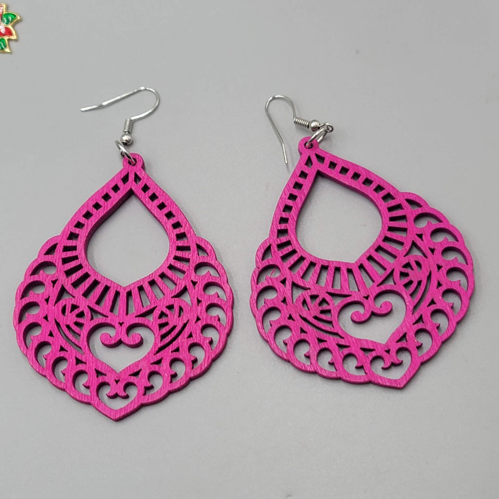 Bright Pink Wood Boho Pierced Earrings Large Statement Silver tone Dangle 3"