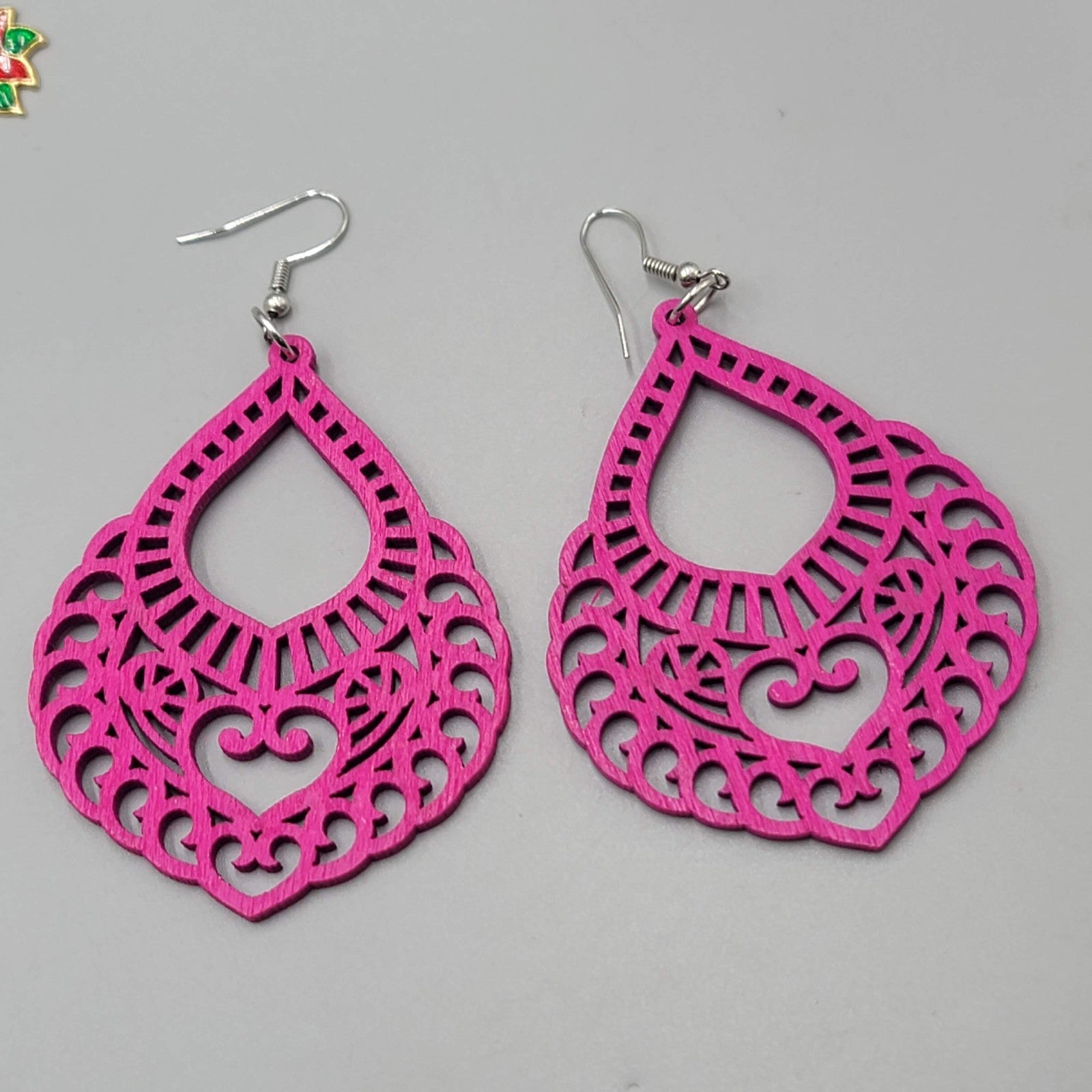 Bright Pink Wood Boho Pierced Earrings Large Statement Silver tone Dangle 3"