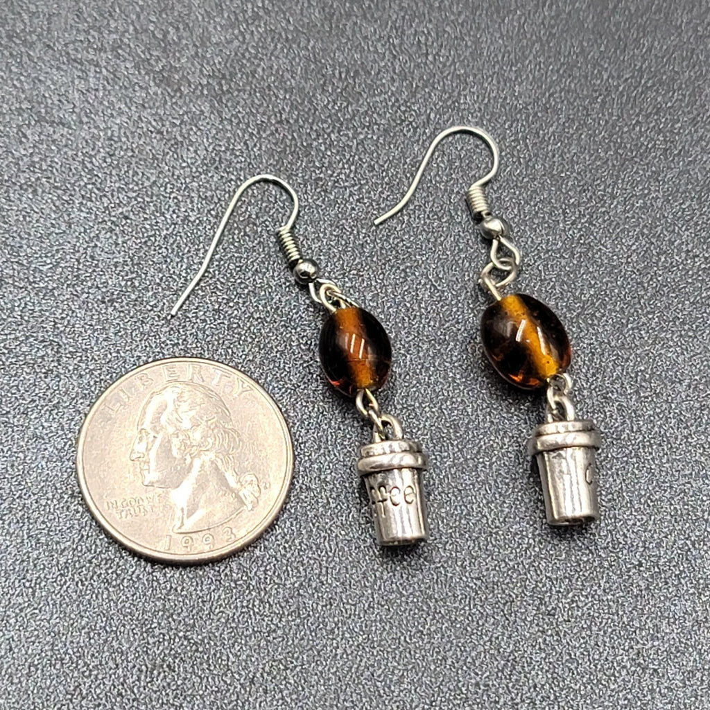 Coffee Pierced Earrings Silver tone Brown Glass Bead Dangle 1.25"