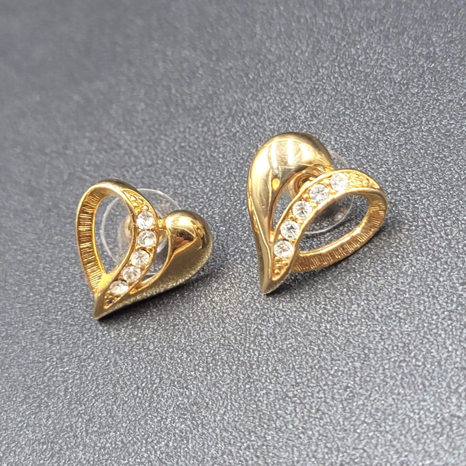 Vintage Pierced Earrings Gold Plated Crystal Heart Studs 3/4"