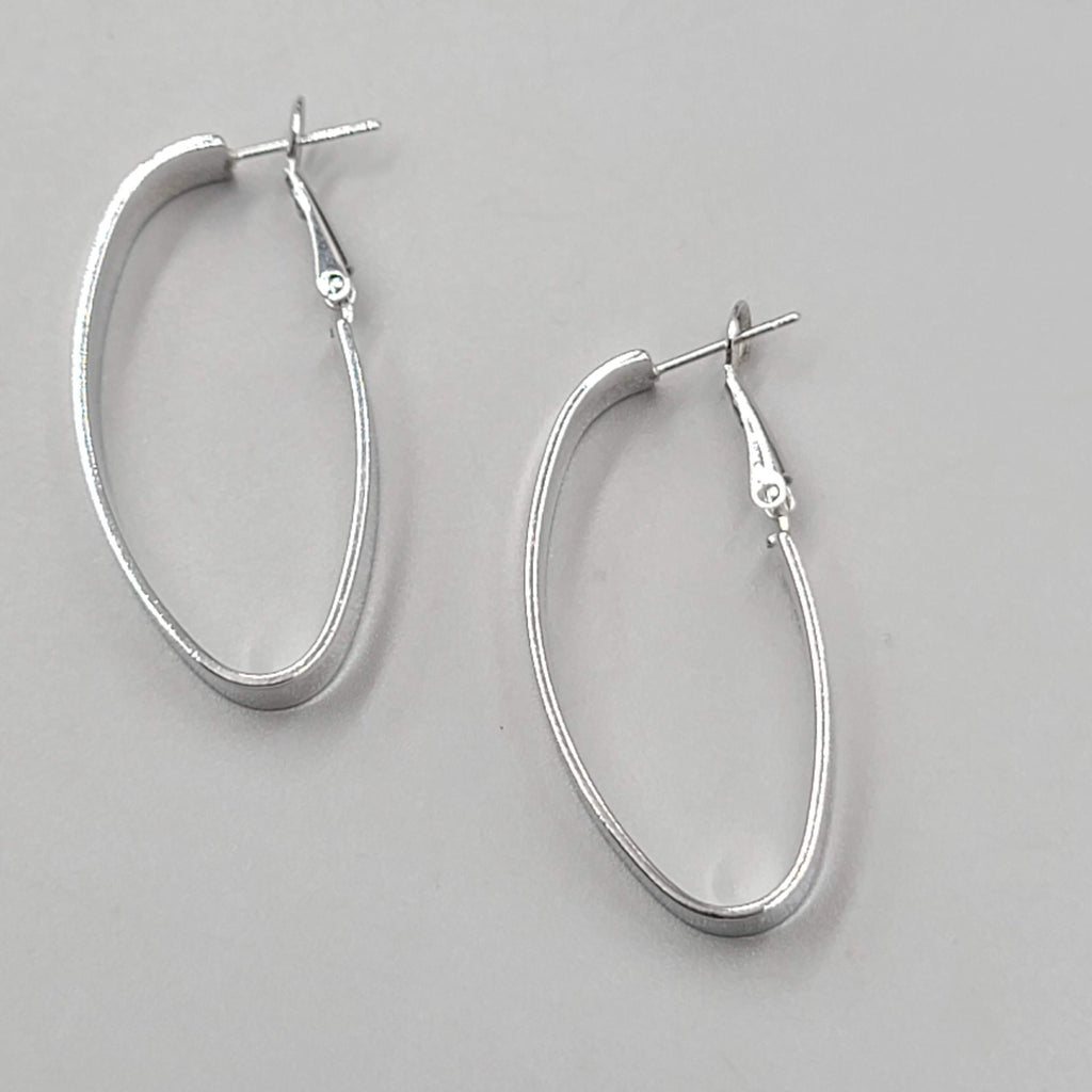 Pierced Earrings Silver tone Wide Oval Hoop 1.5"