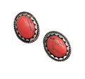 Stud Pierced Earrings Southwest Silver tone Oval Red Cabochon 1/2"