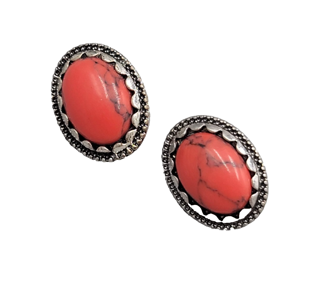 Stud Pierced Earrings Southwest Silver tone Oval Red Cabochon 1/2"