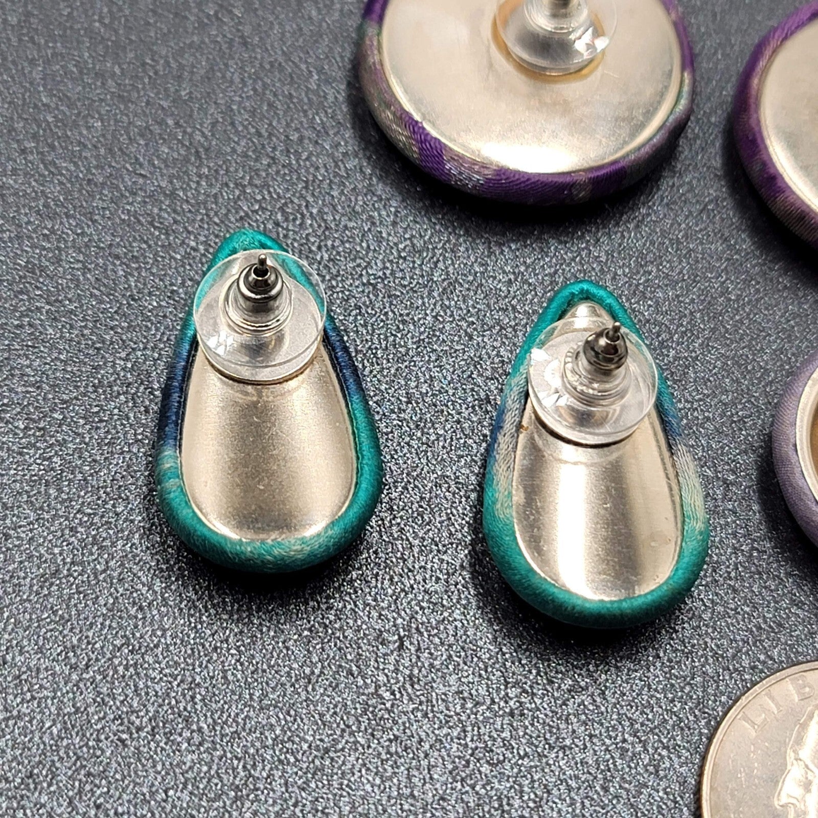 Lot of 3 Vintage Pierced Earrings Blue Purple Silk Wrapped Drop