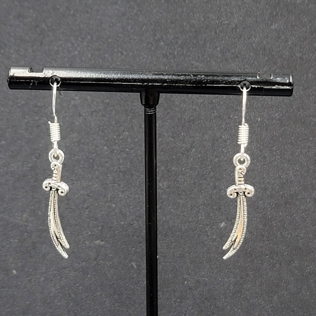 Pierced Earrings Scimitar Sword Silver tone Dangle 1"