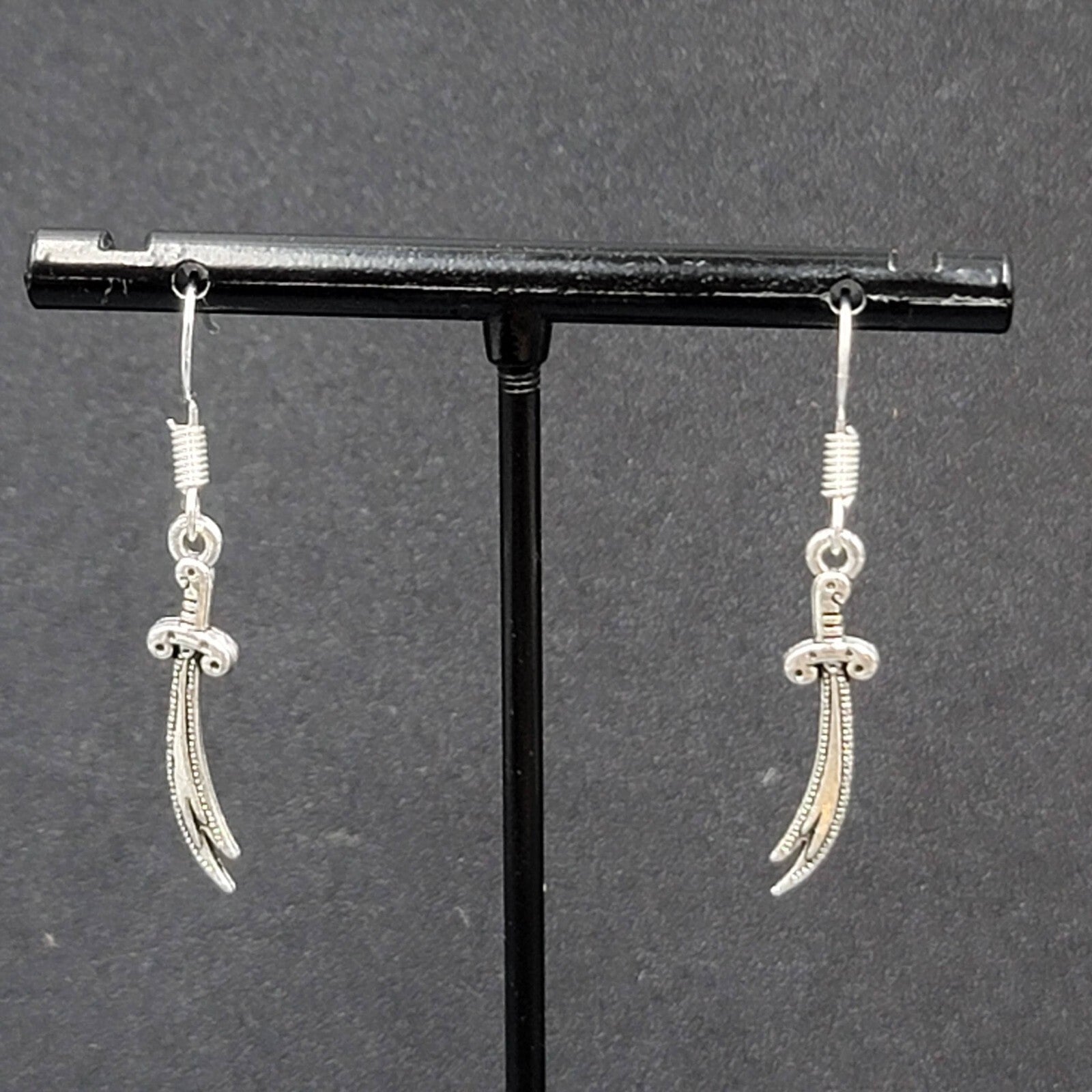 Pierced Earrings Scimitar Sword Silver tone Dangle 1"