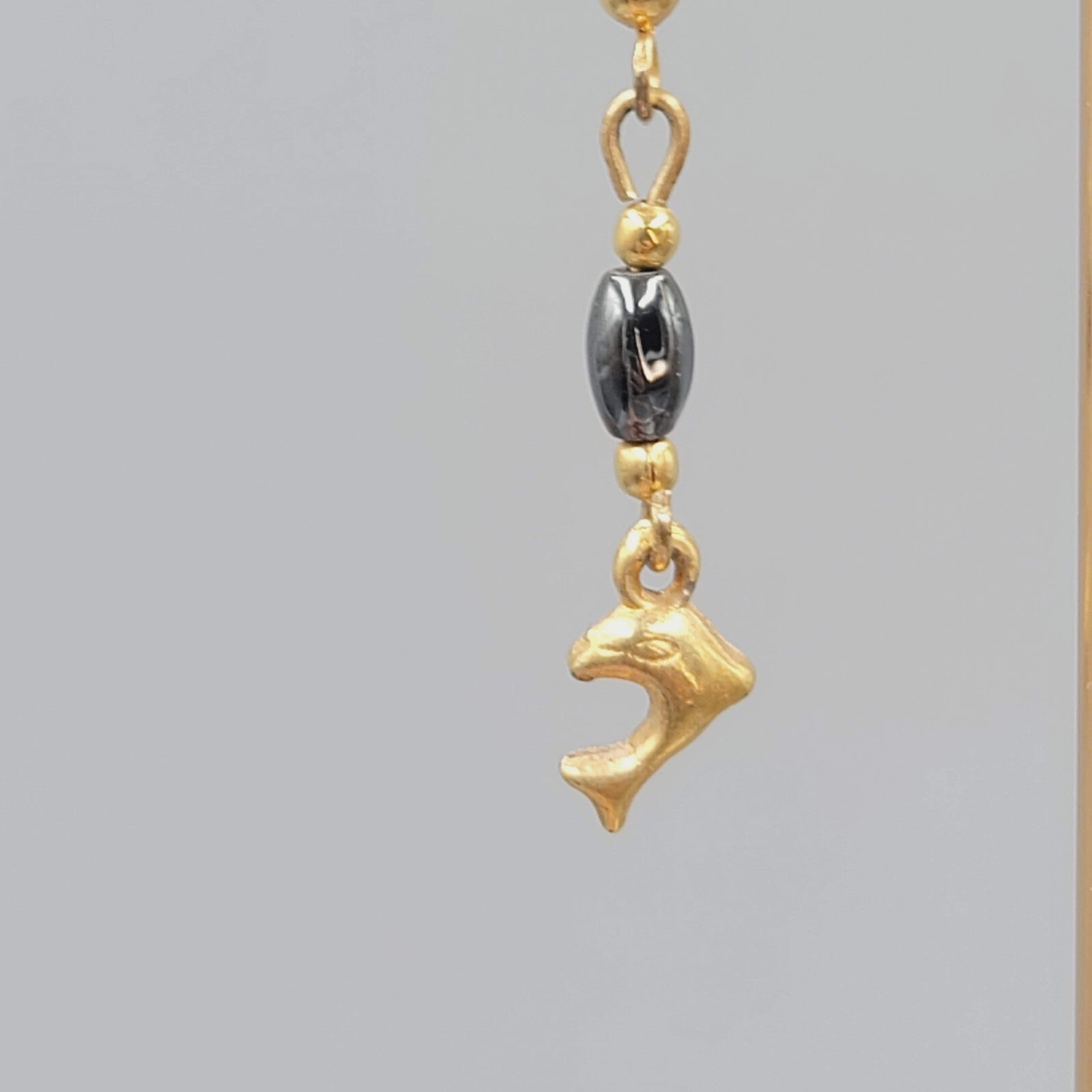 Vintage Dolphin Pierced Earrings Gold tone Hematite Stone Dangle 1 1/8"