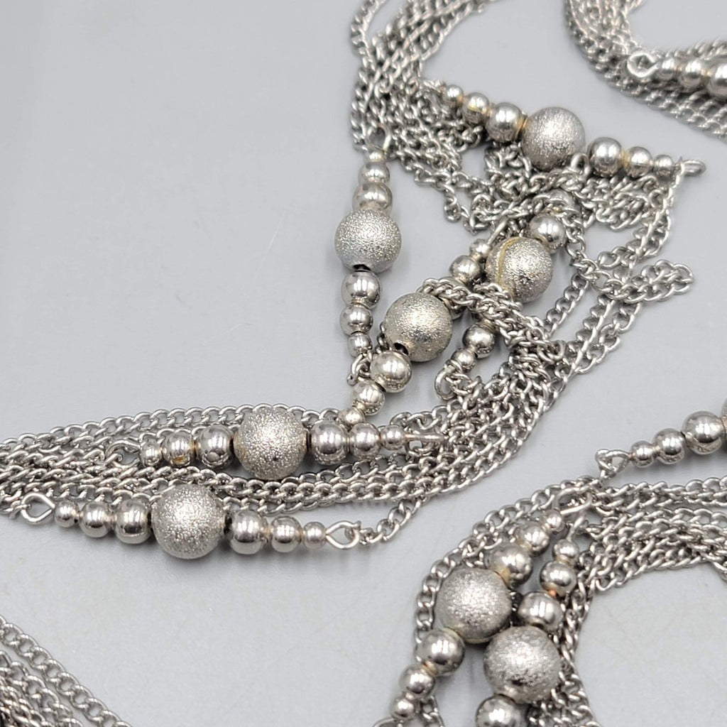 Multi Chain Silver tone Bead Necklace Extra Long 36"
