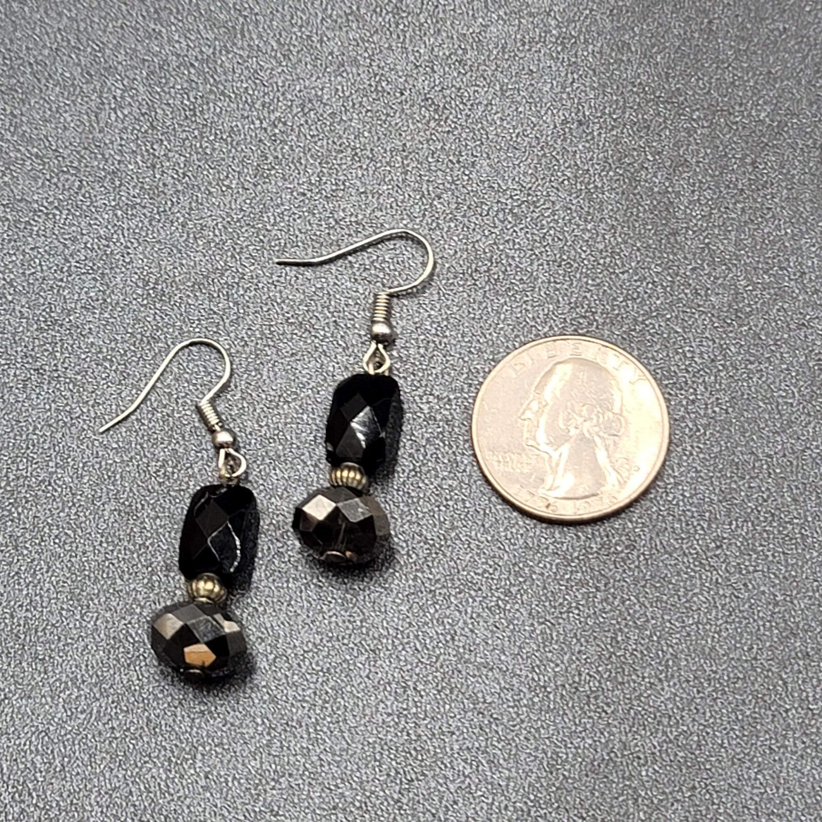 Pierced Earrings Black Glass Bead Silver tone Dangle 1.25"