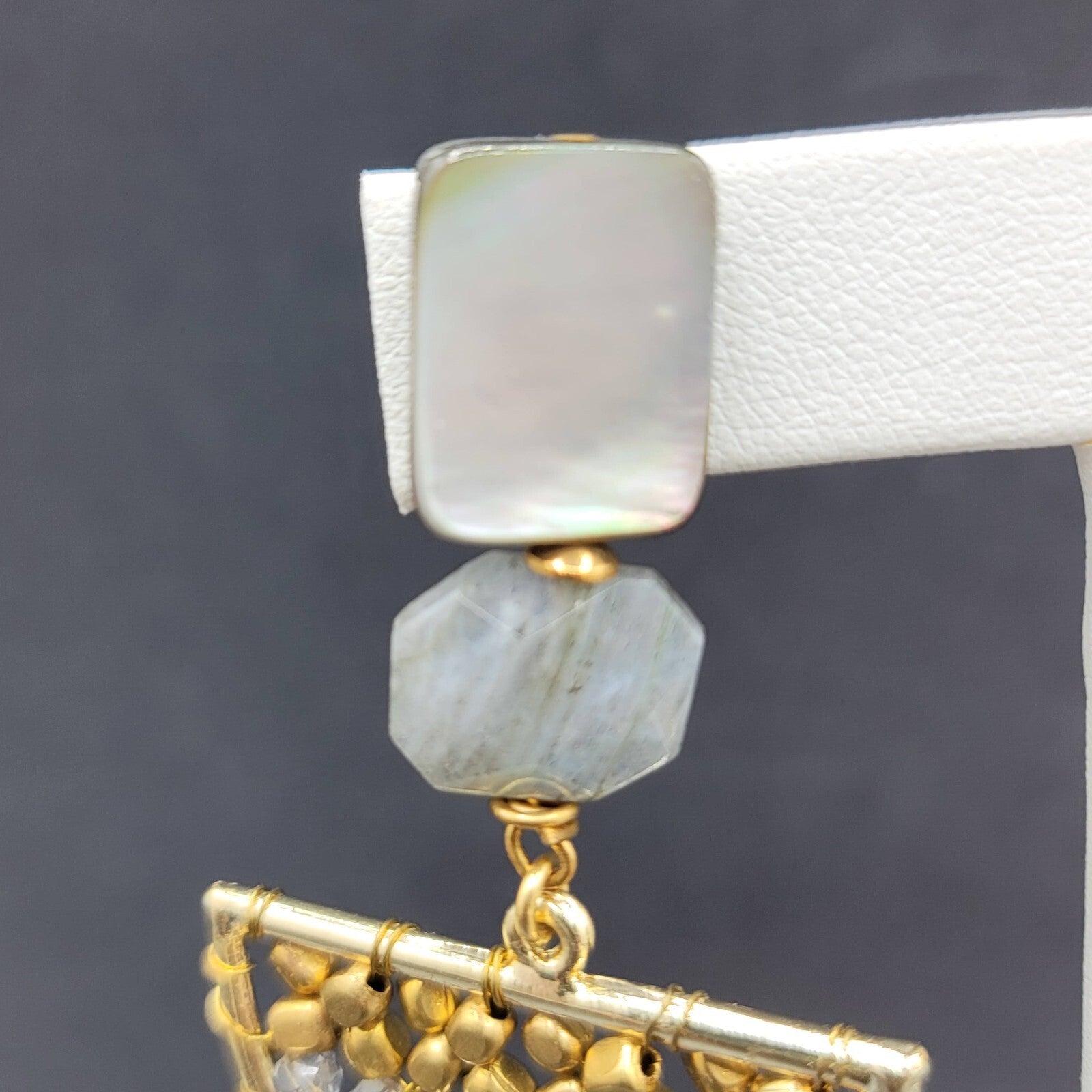 Pierced Earrings Gold tone Abalone and Stone Beaded Boho Dangle 2 1/4"
