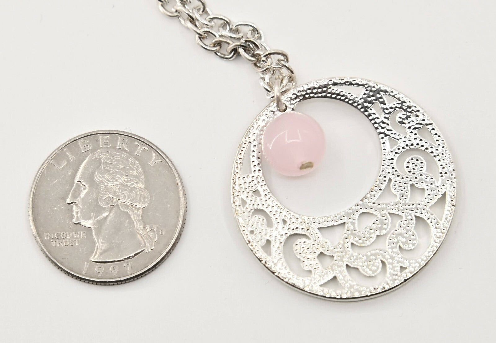 Pendant Necklace Signed LBVYR Pink Quartz Dangle Silver Round Filigree Open  20"