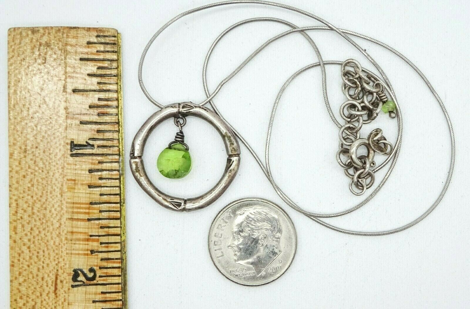Sterling Silver Green Stone Pendant Necklace Snake Chain 16" - 18"
