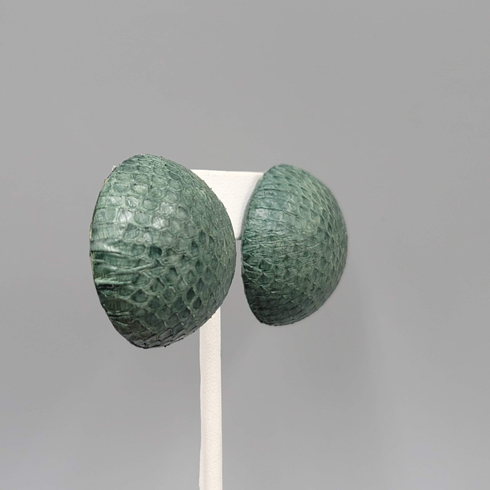 Vintage Green Faux Snake Skin Pierced Earrings Large Dome Statement 1.25 in