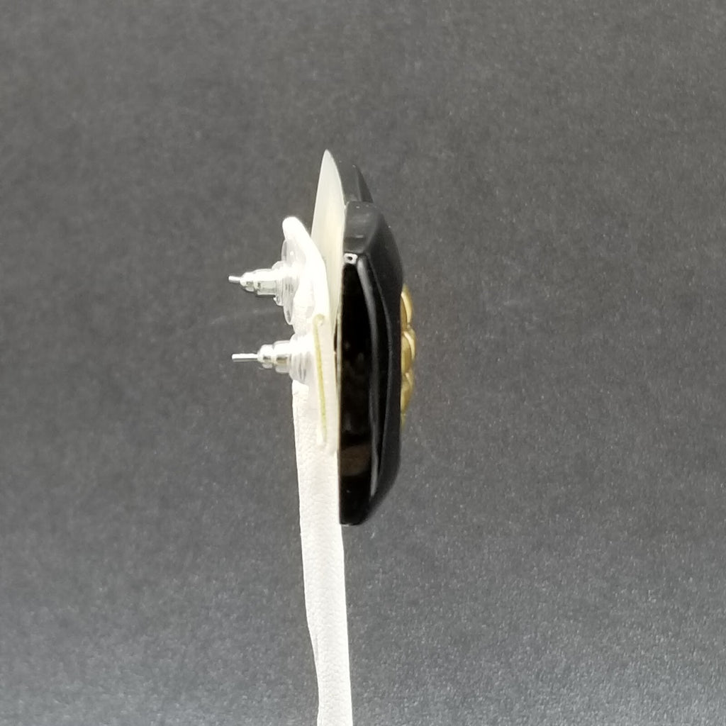 Vintage 1980's Pierced Earrings Black and Gold Acrylic Rectangle Stud 1 1/4"