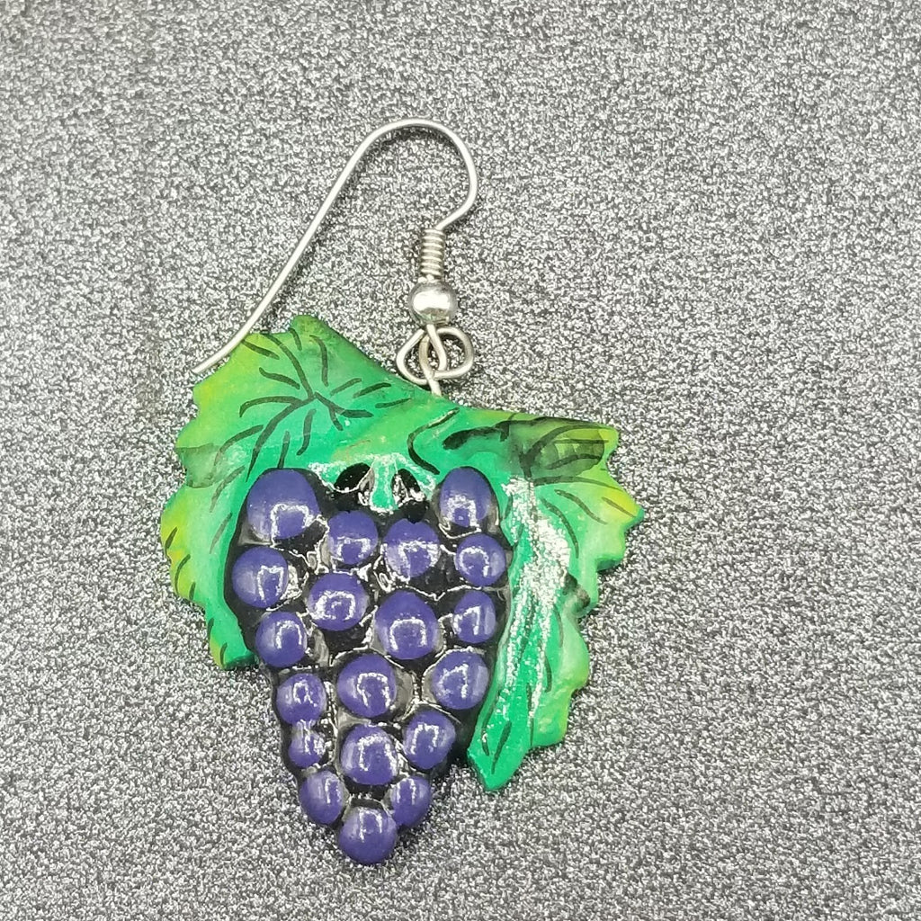 Vintage Pierced Earrings Green and Purple Hand painted Grape Dangle 1 3/8"