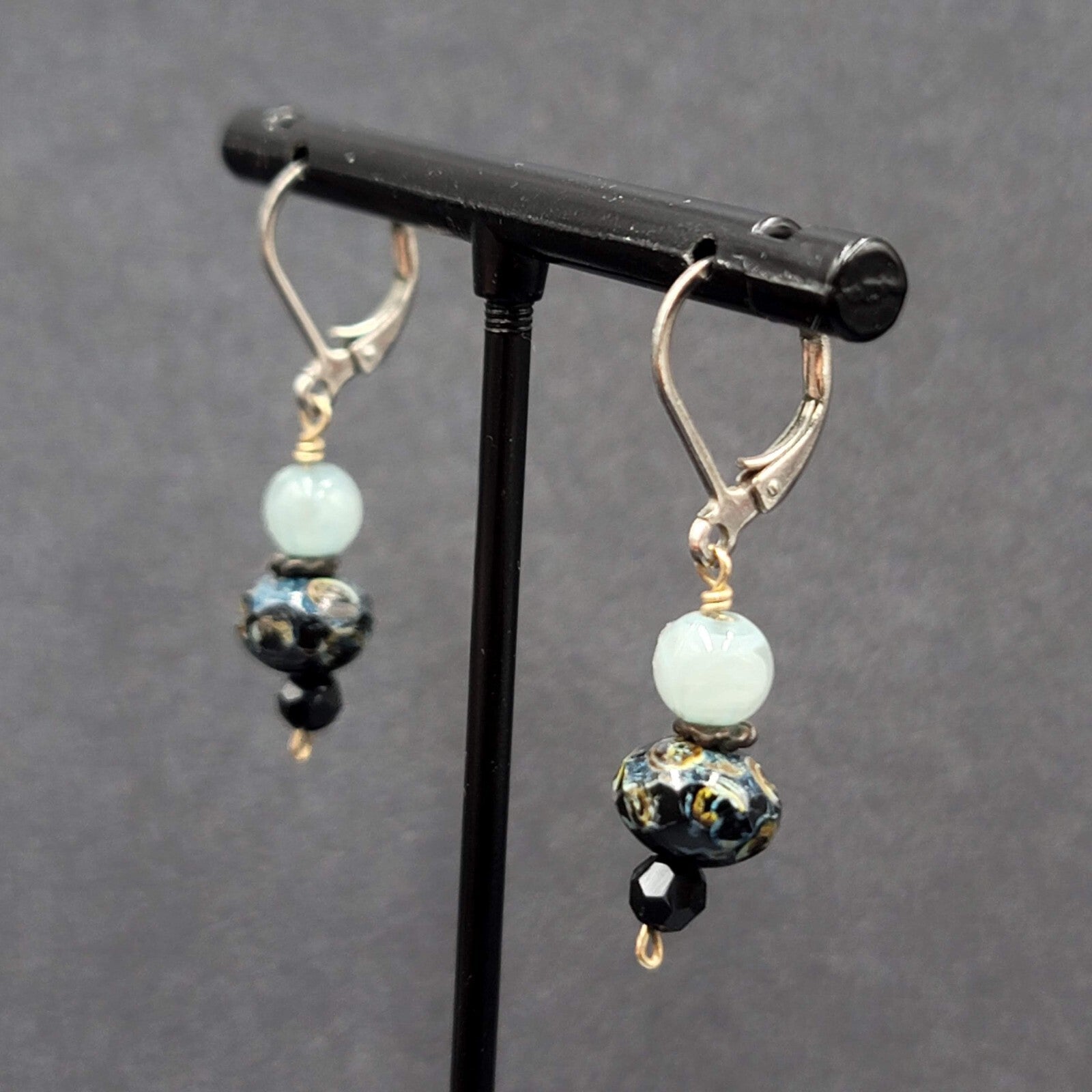 Pierced Earrings Silver tone Blue Stone Bead Dangle 3/4"