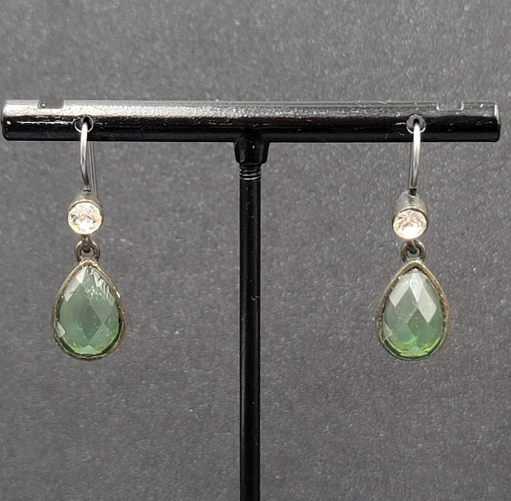 Pierced Earrings Bronze tone Green Faceted Teardrop Stone 3/4"