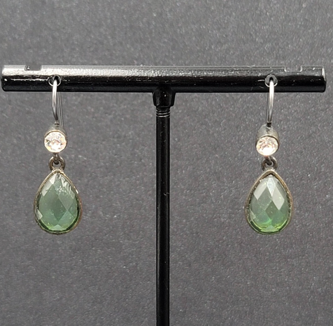 Pierced Earrings Bronze tone Green Faceted Teardrop Stone 3/4"