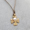 2BB Matte Gold Plated Cross Pendant Necklace Brown Cord 16"