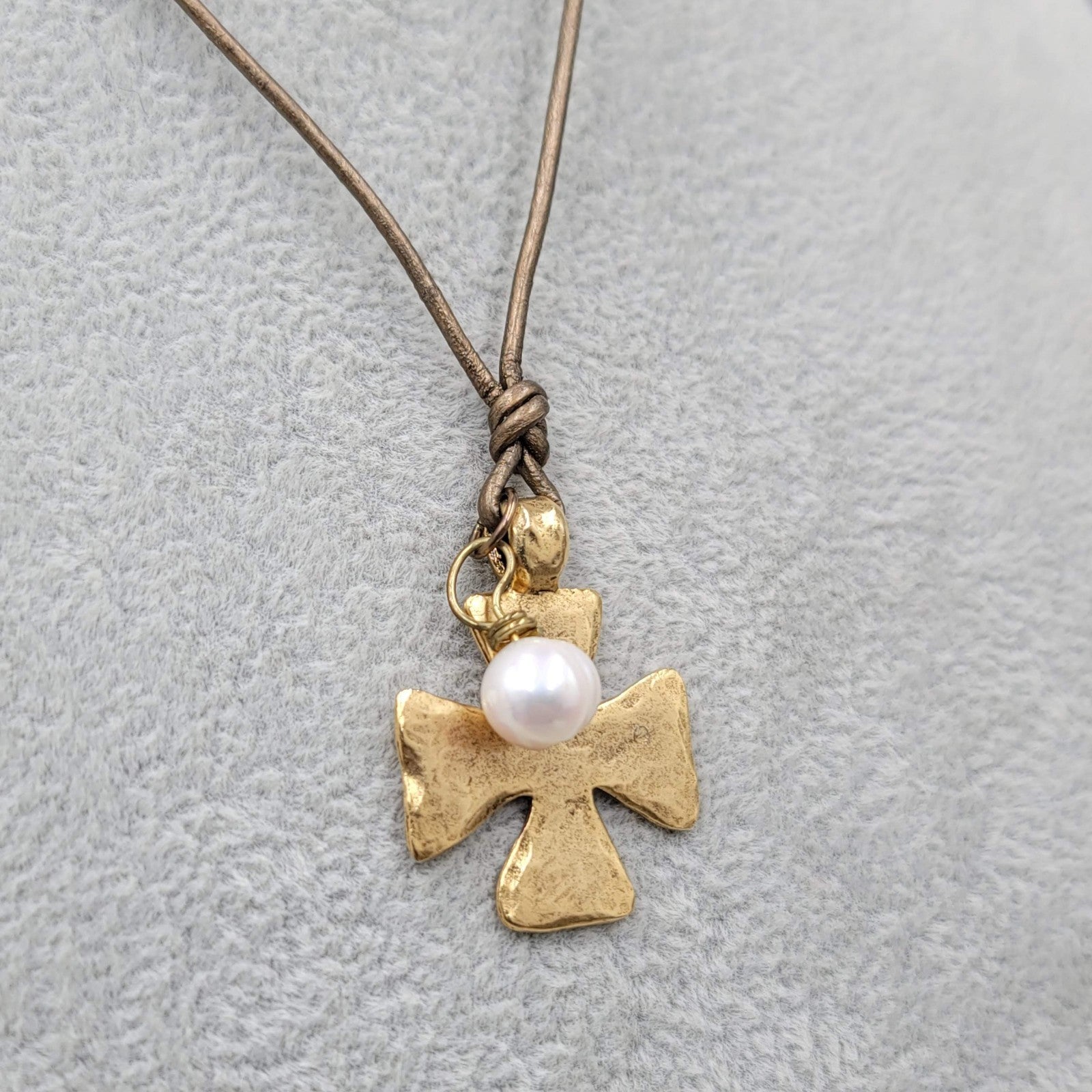 2BB Matte Gold Plated Cross Pendant Necklace Brown Cord 16"