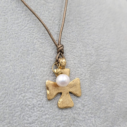 2BB Matte Gold Plated Cross Pendant Necklace Brown Cord 16"