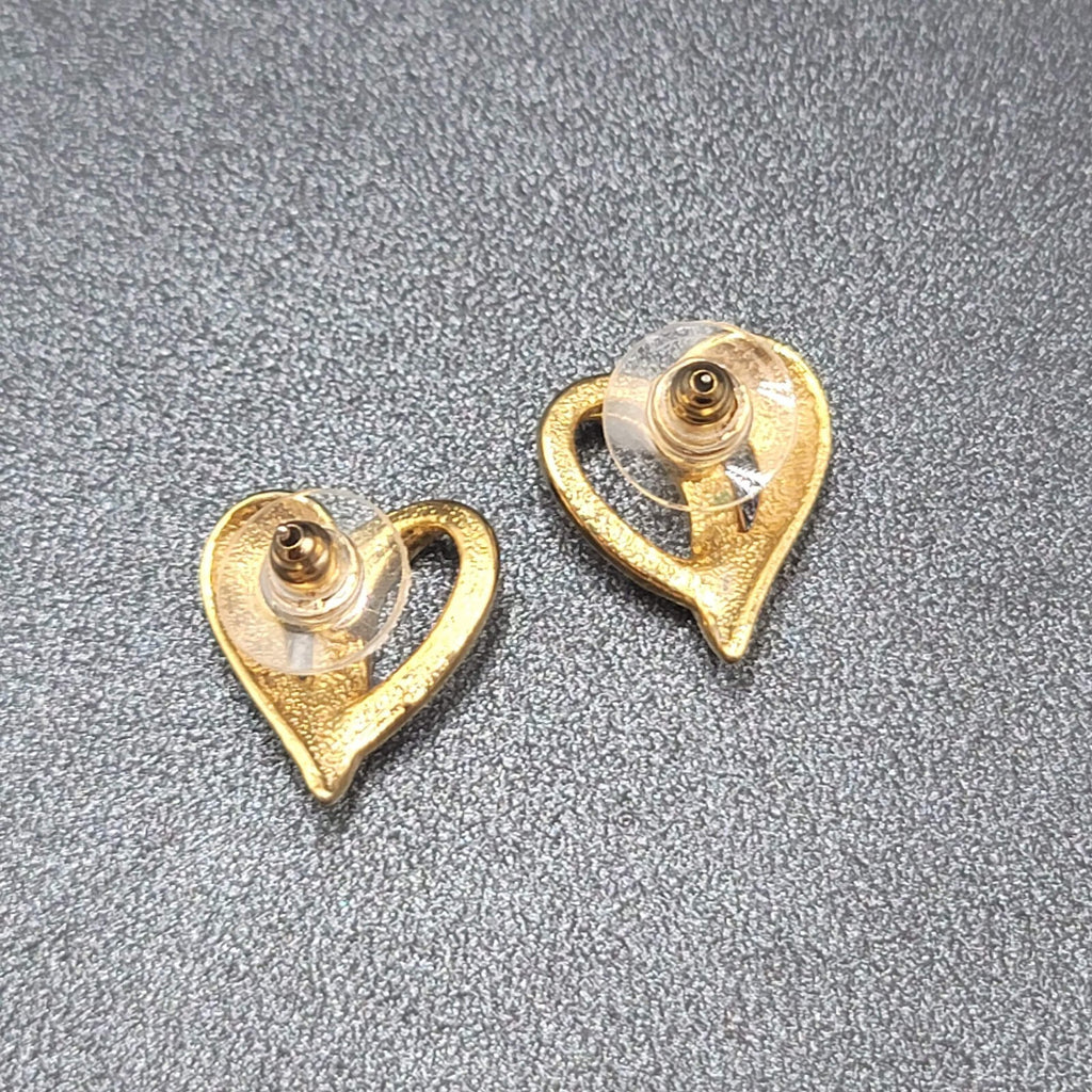 Vintage Pierced Earrings Gold Plated Crystal Heart Studs 3/4"