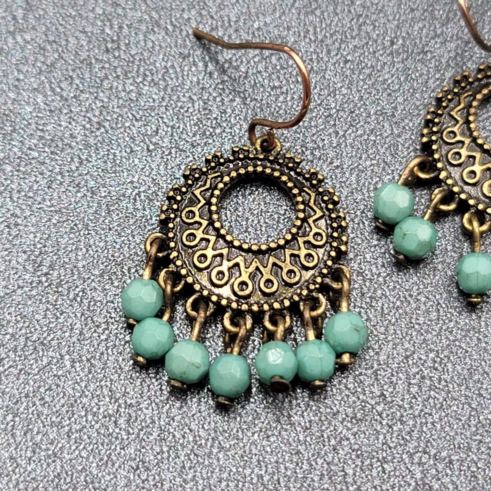 Pierced Earrings Bronze tone Blue Bead Medallion 1"