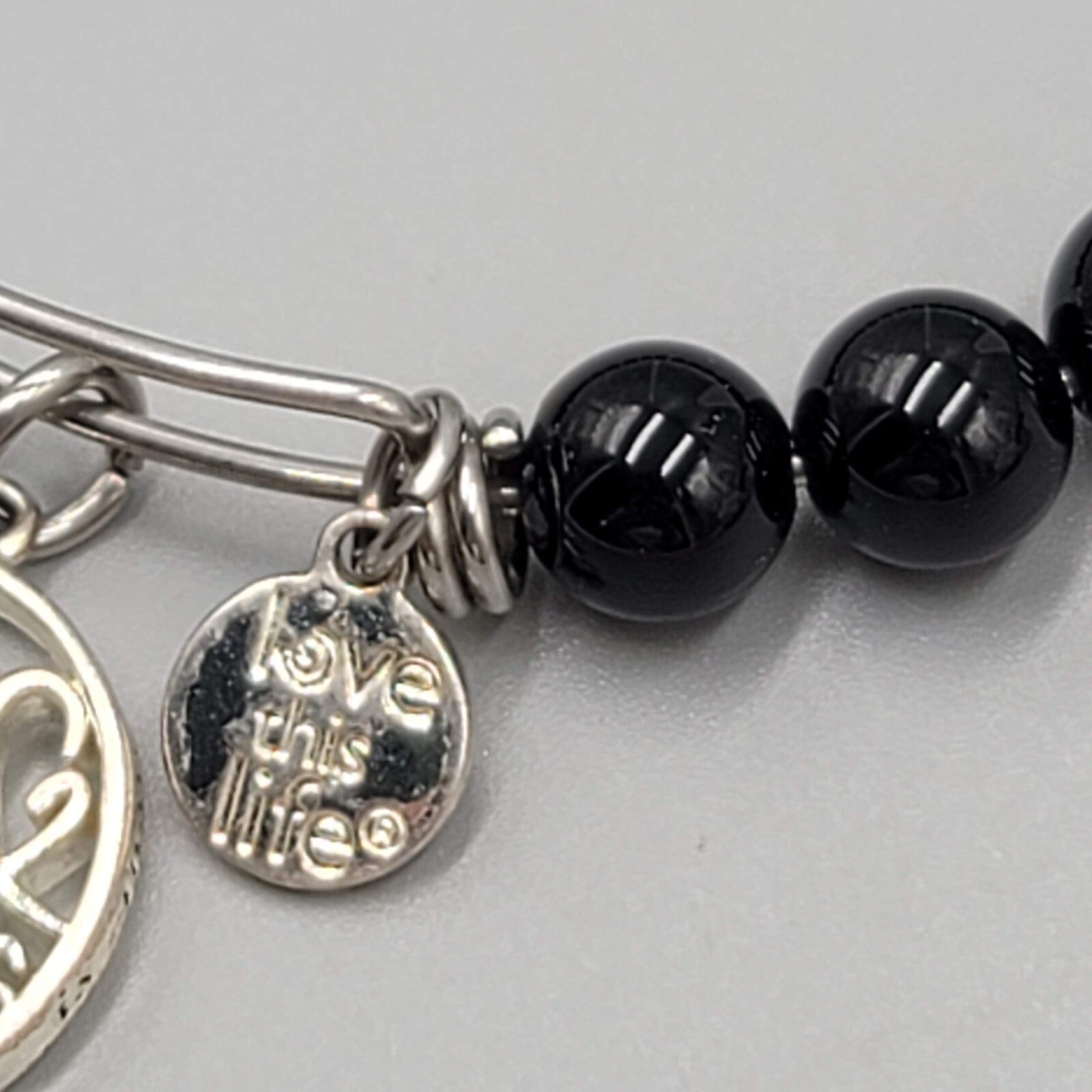 Black Glass Bead Bracelet Silver Tone You Are Strong Charm 7.5 in