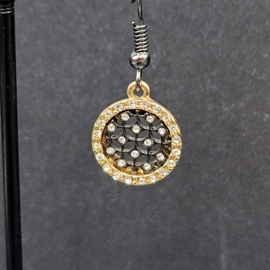 Pierced Earrings Black Metal Gold tone Crystal Round Open Work Dangle 5/8"