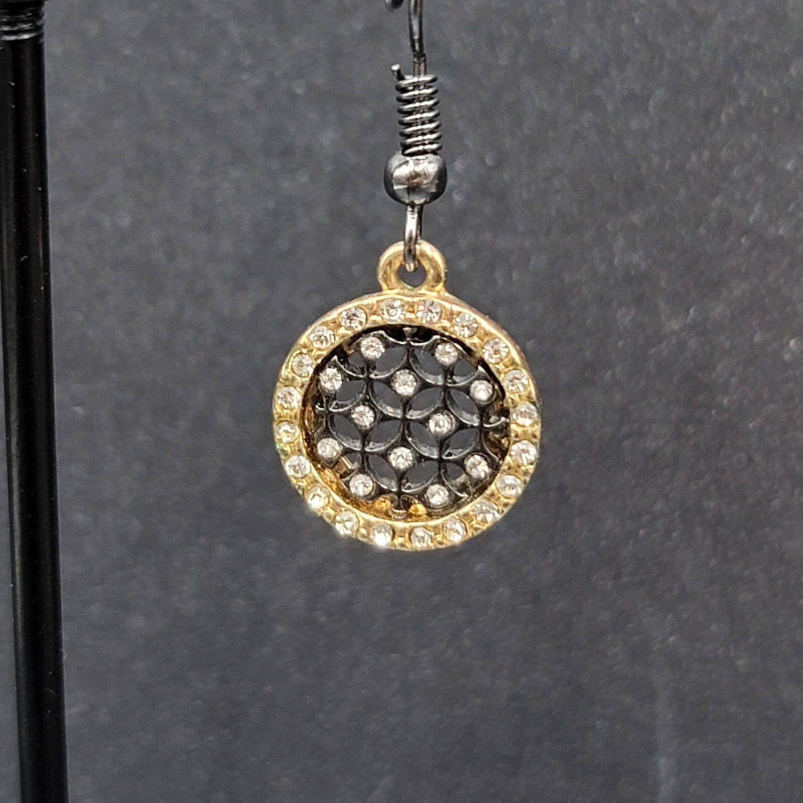 Pierced Earrings Black Metal Gold tone Crystal Round Open Work Dangle 5/8"