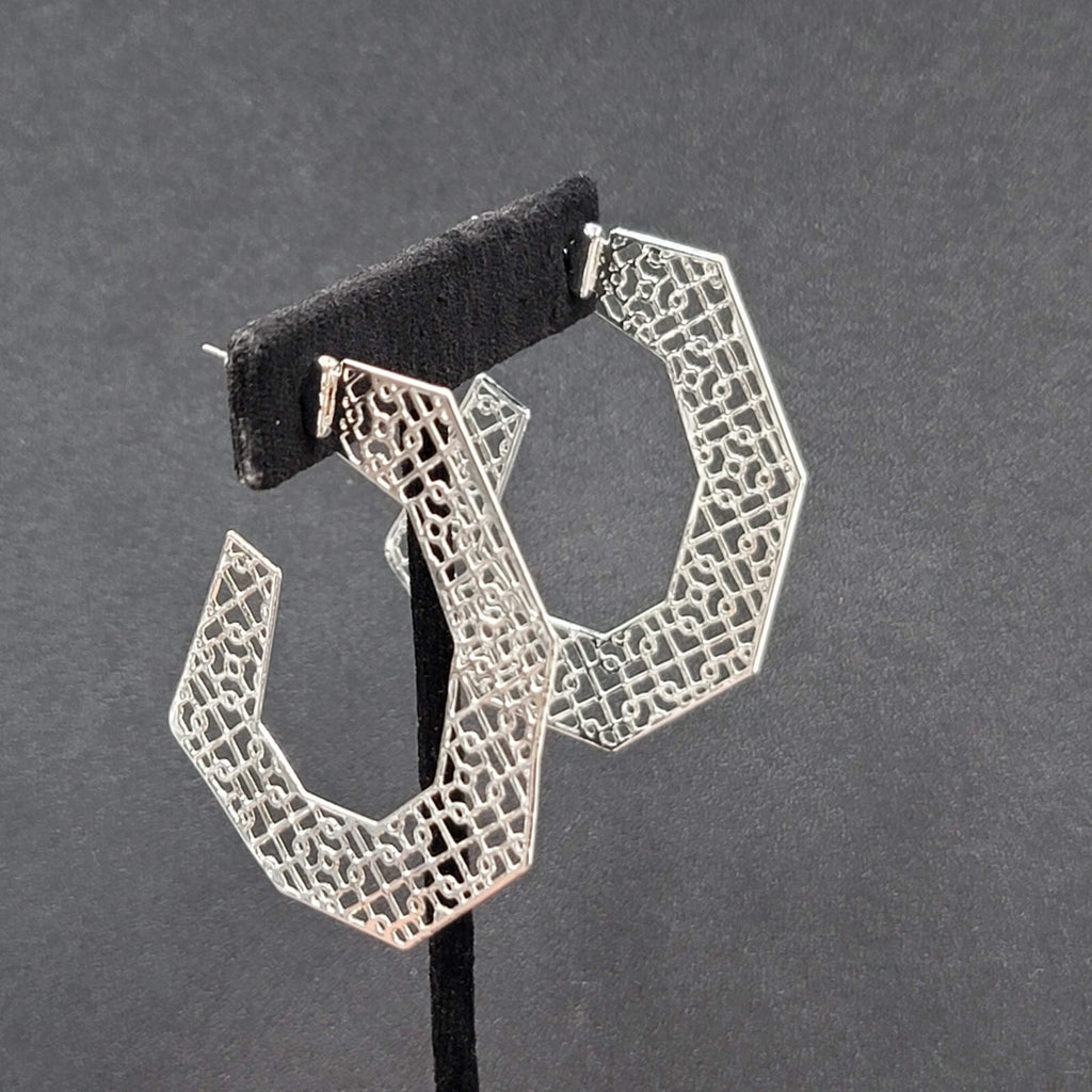 Pierced Earrings Silver tone Open Filigree Statement Hoops 2 1/8"