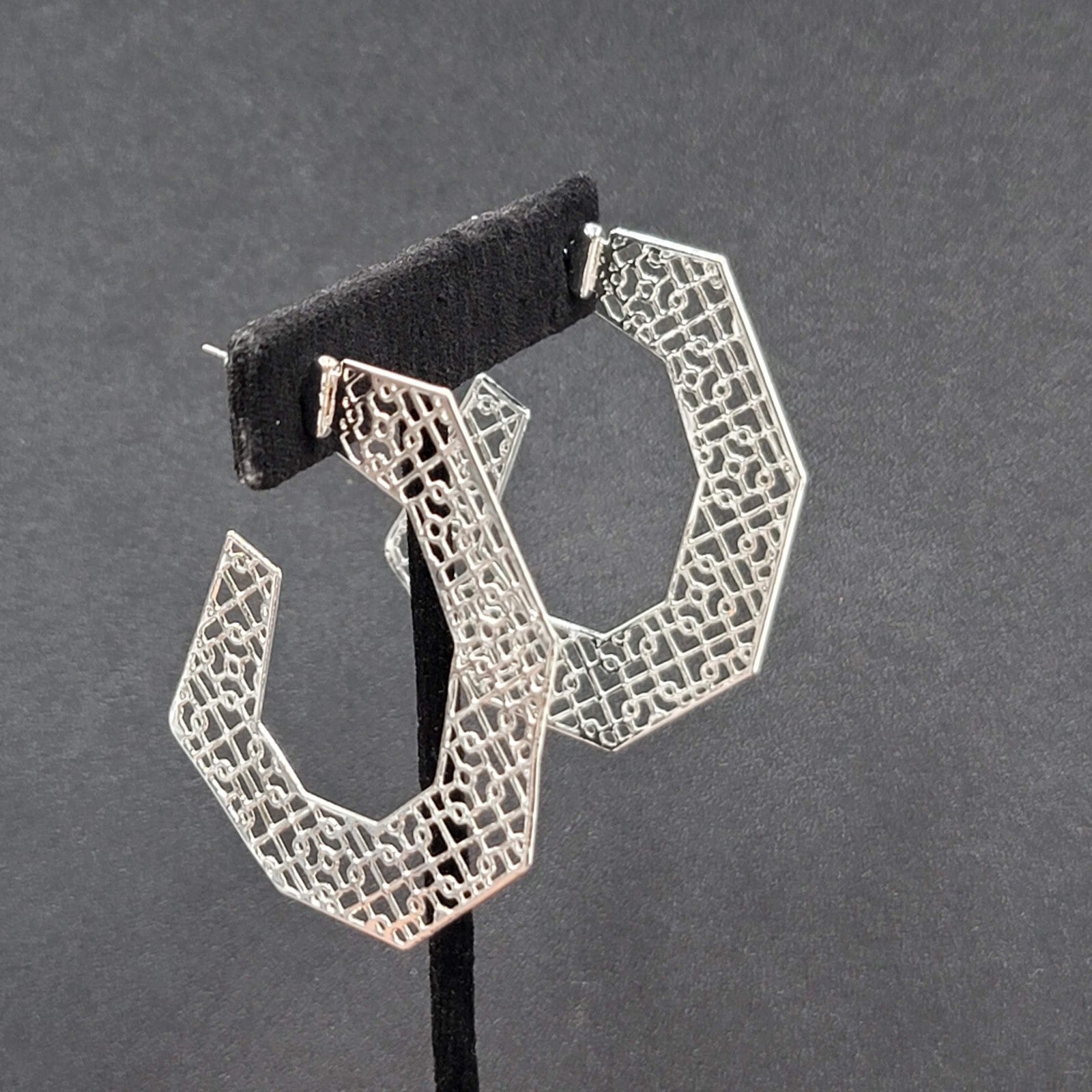 Pierced Earrings Silver tone Open Filigree Statement Hoops 2 1/8"
