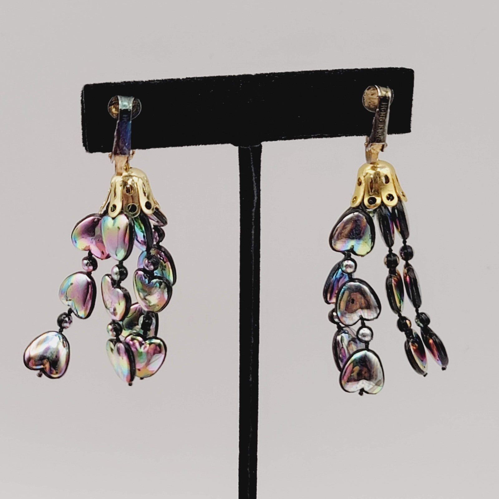 Vintage Rainbow Hearts Clip on Earrings Gold tone Dangle 2 in