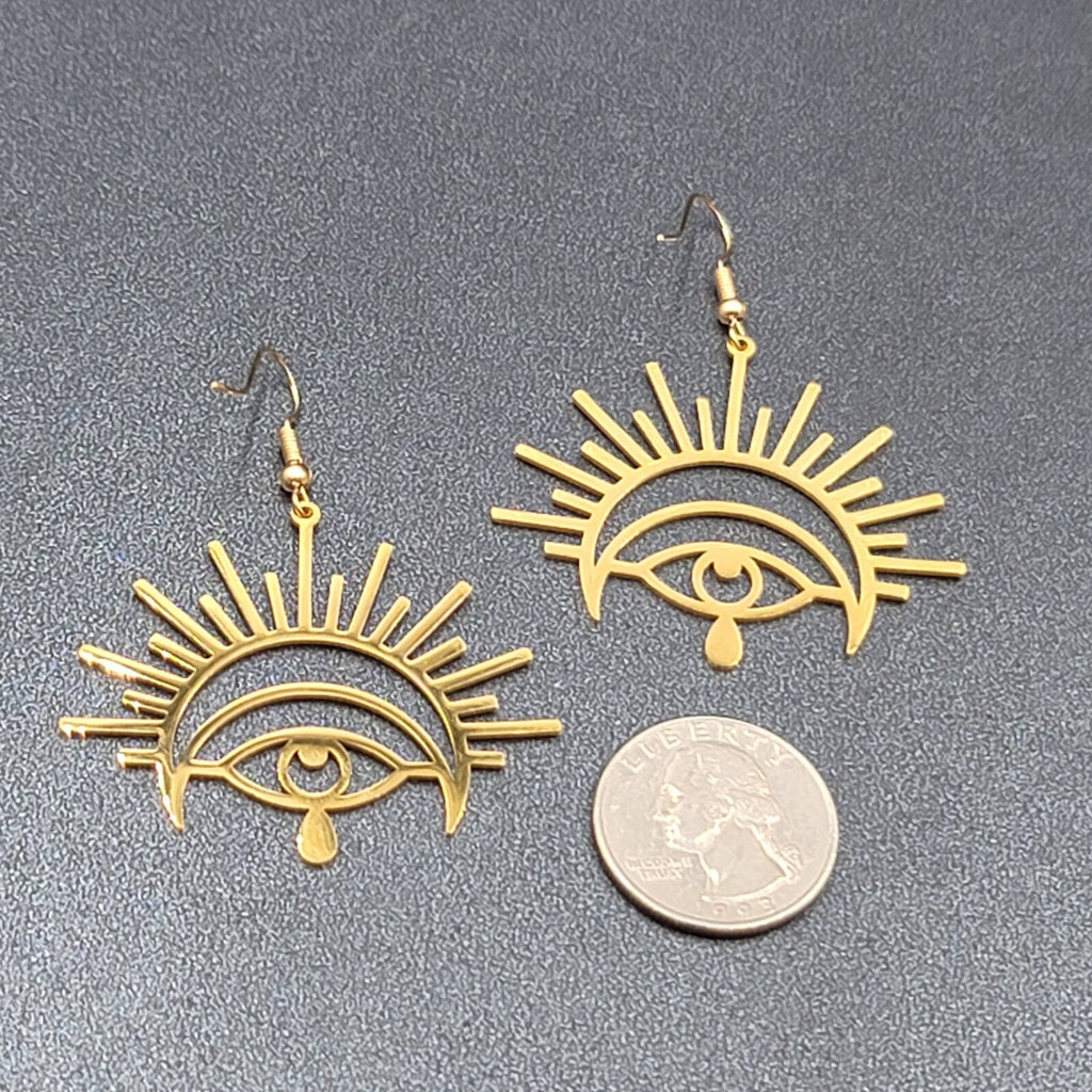 New Evil Eye Pierced Earrings Teardrop Gold Plated Statement Dangle 1 5/8"