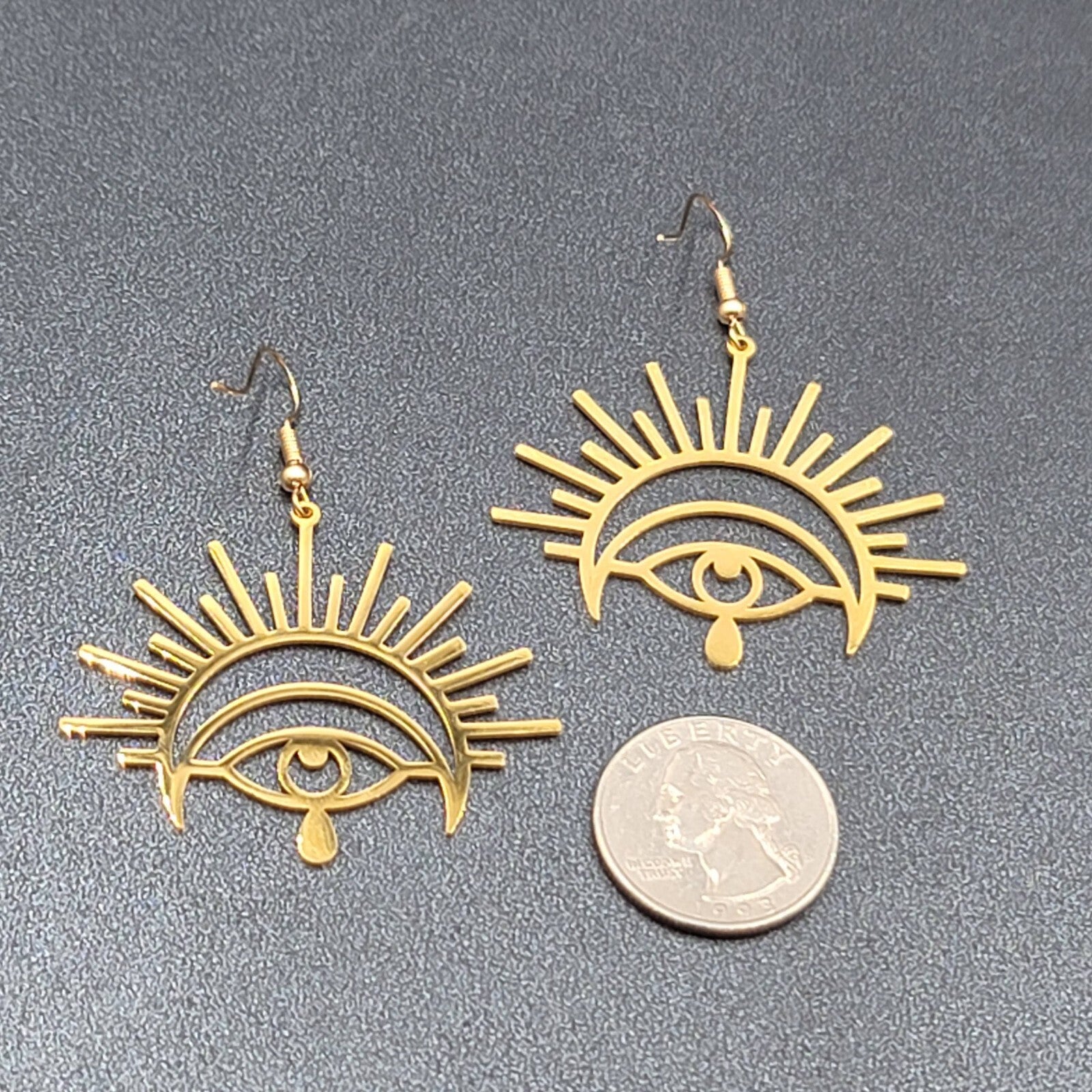 New Evil Eye Pierced Earrings Teardrop Gold Plated Statement Dangle 1 5/8"