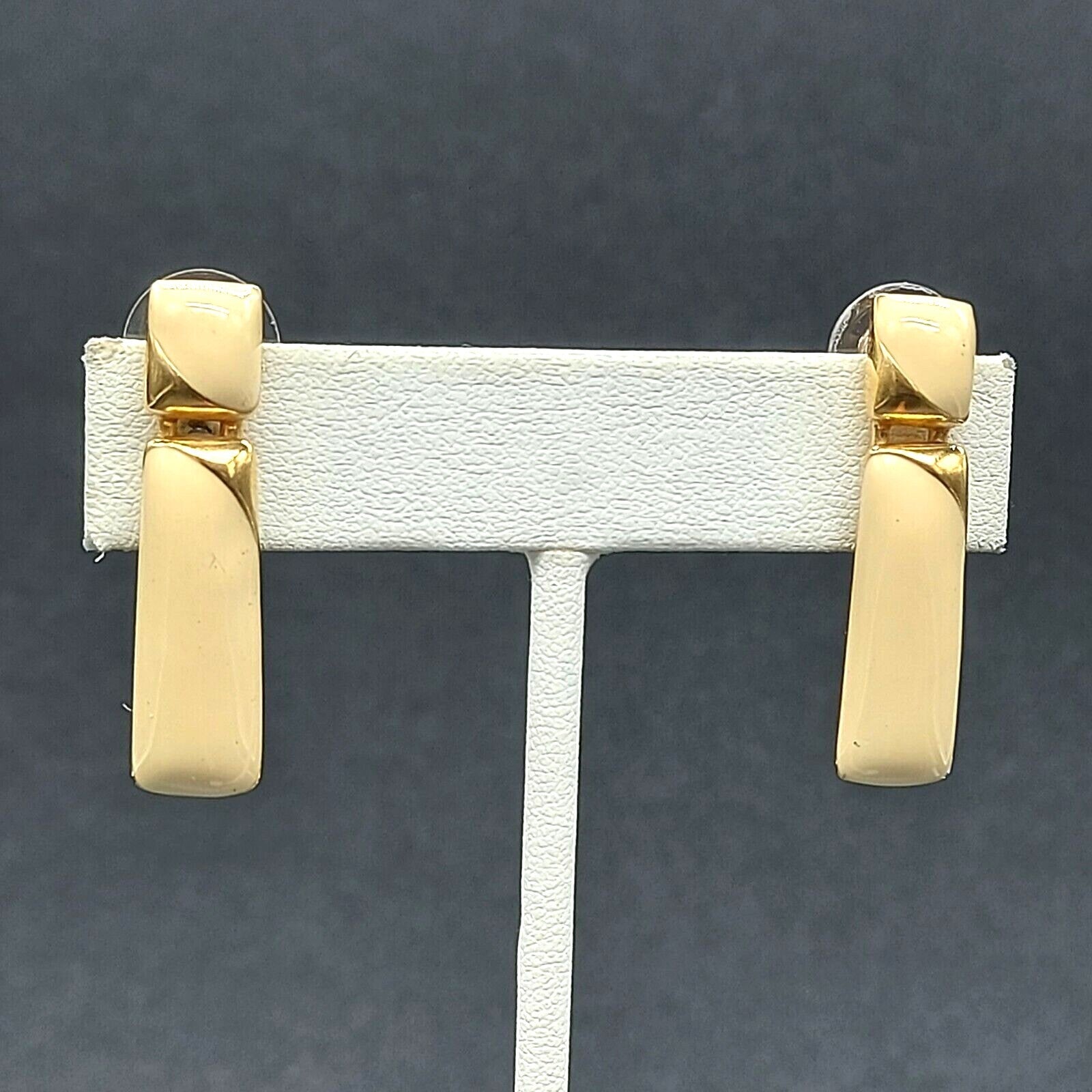 Vintage Pierced Earrings Cream Enamel Dangle 1 3/8"