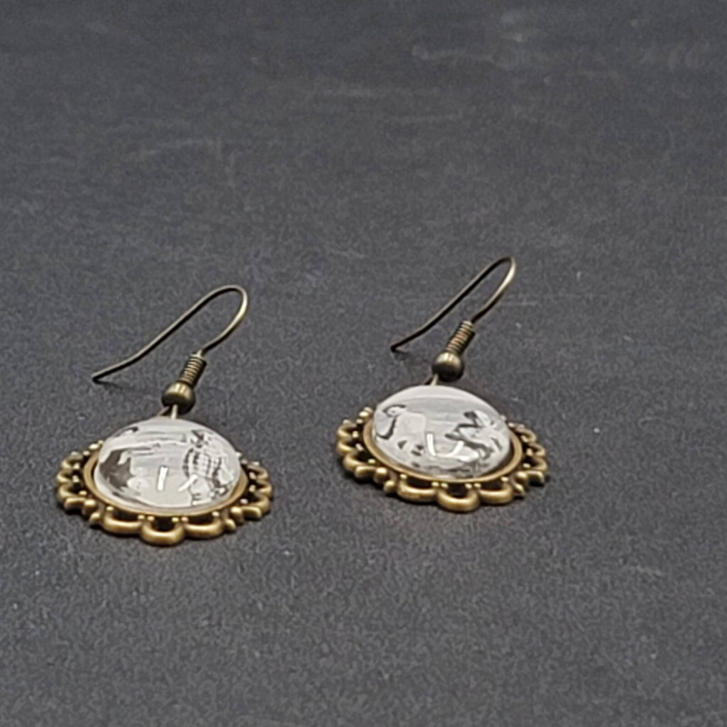 Pierced Earrings Bronze tone Real Photo Glass Cabochon Dangle 1.25"