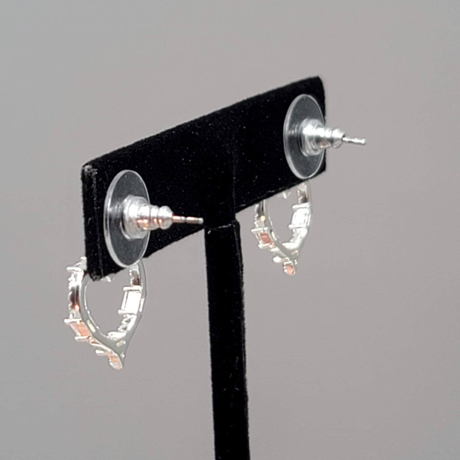 Heart Pierced Earrings Crystal Open Work Dangle Silver Plated 7/8"