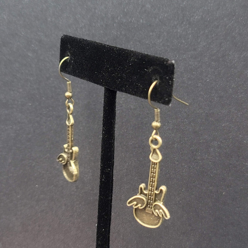 Pierced Earrings Bronze tone Embossed Winged Guitar Dangle 1.25"