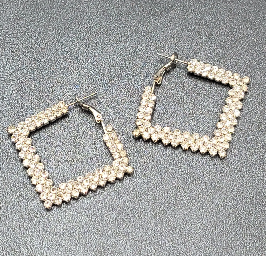 Pierced Earrings Rhinestone Square Hoops Silver tone 1.25"