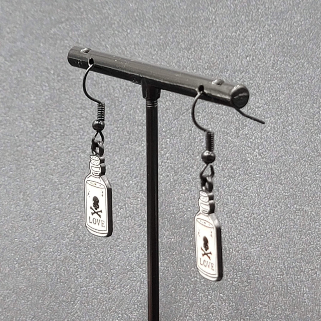 Love Poison Pierced Earrings Black White Enamel Dangle 7/8" 