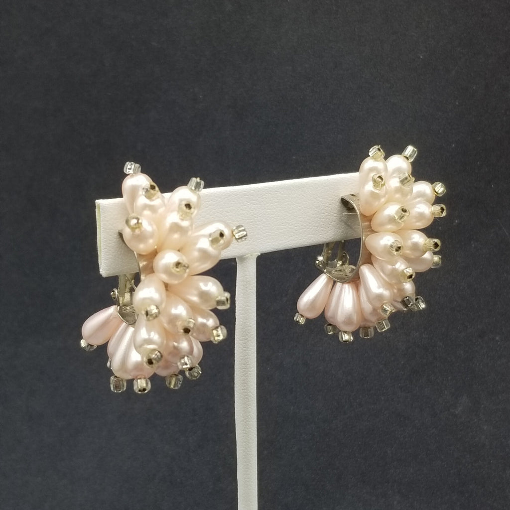 Vintage Clip on Earrings Pink Bead Large Statement Half Hoop Drop 1 1/2"