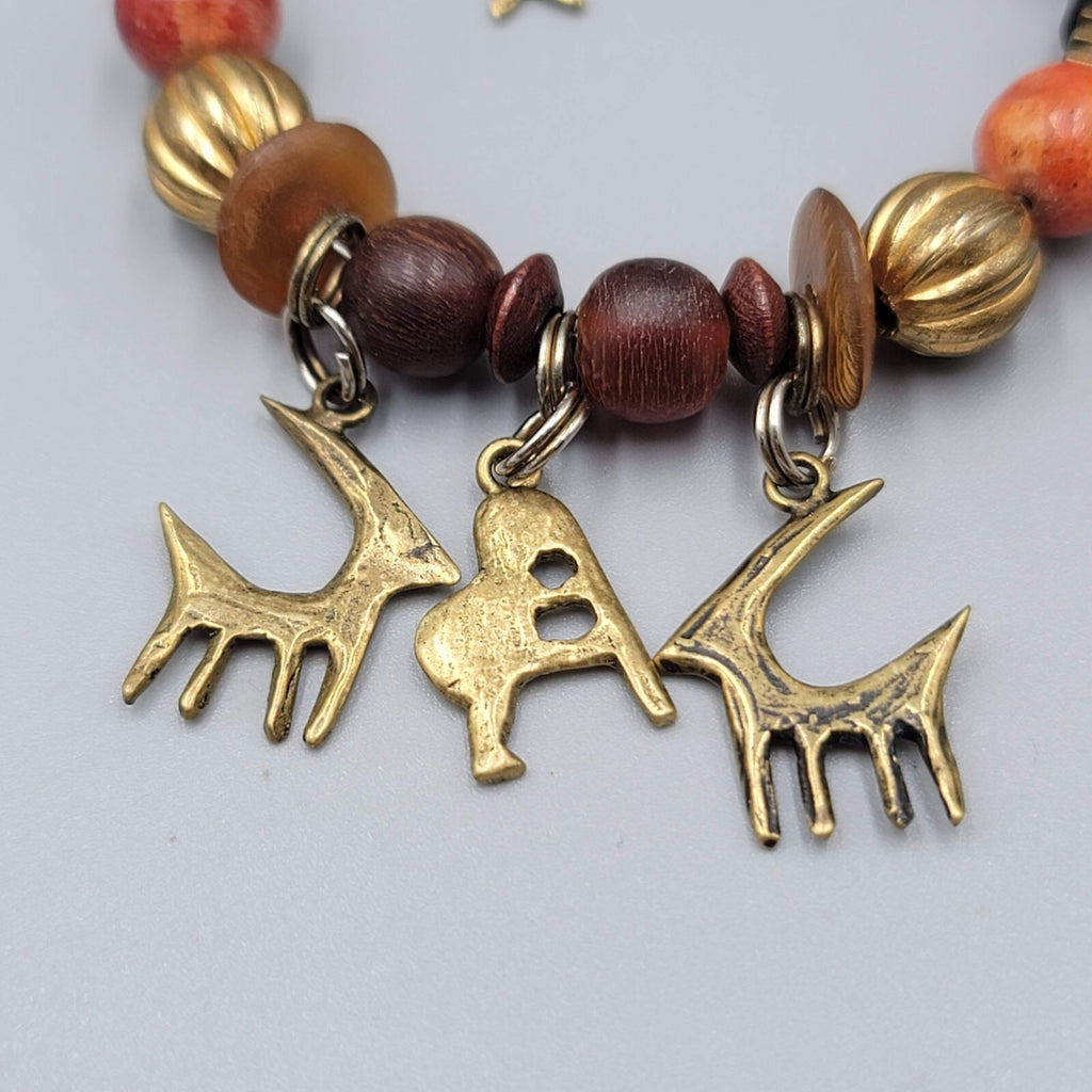 Stone Brass Animal Charm Bracelet Memory Wire Brown Orange