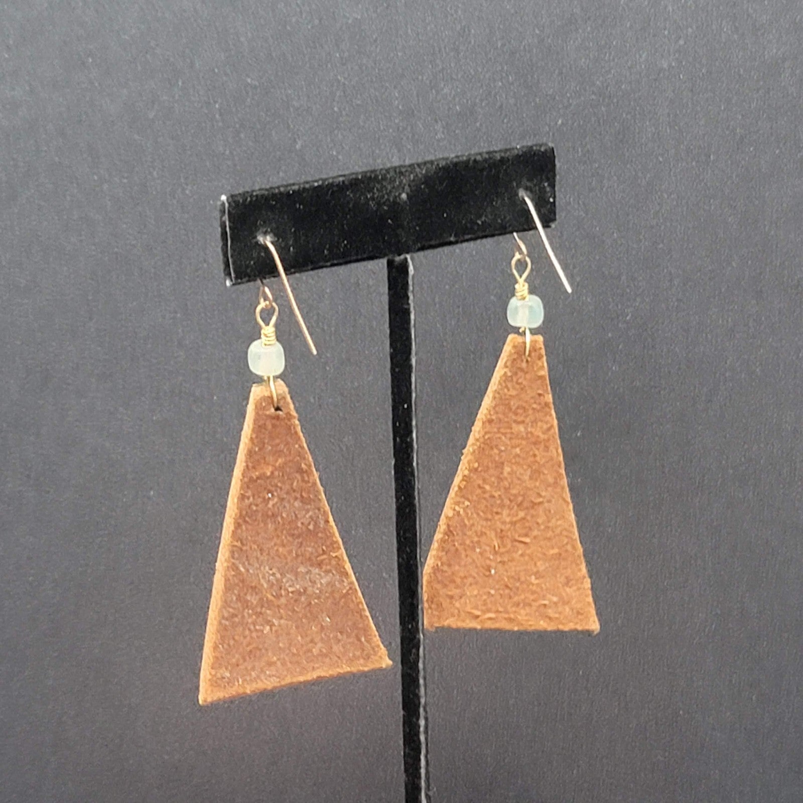 Vintage Artisan Pierced Earrings Leather And Brass Triangle Dangle  2.5"