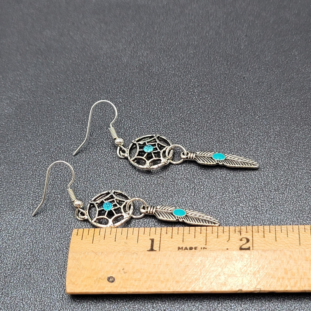 Dreamcatcher Pierced Earrings Silver tone Blue Rhinestone Enamel Feather  1 5/8"