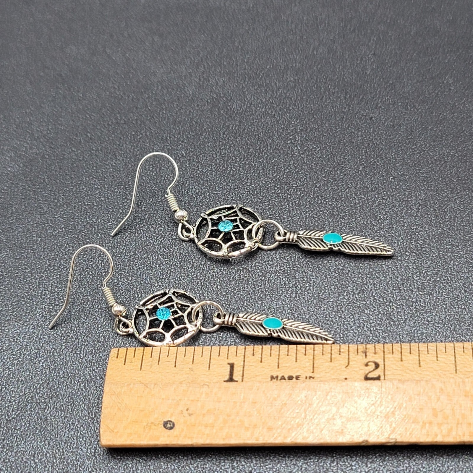 Dreamcatcher Pierced Earrings Silver tone Blue Rhinestone Enamel Feather  1 5/8"