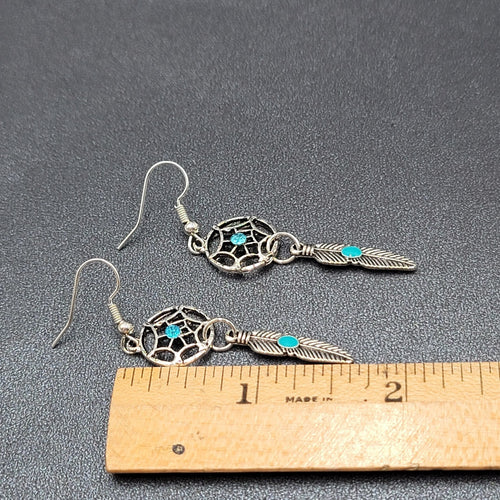 Dreamcatcher Pierced Earrings Silver tone Blue Rhinestone Enamel Feather  1 5/8"
